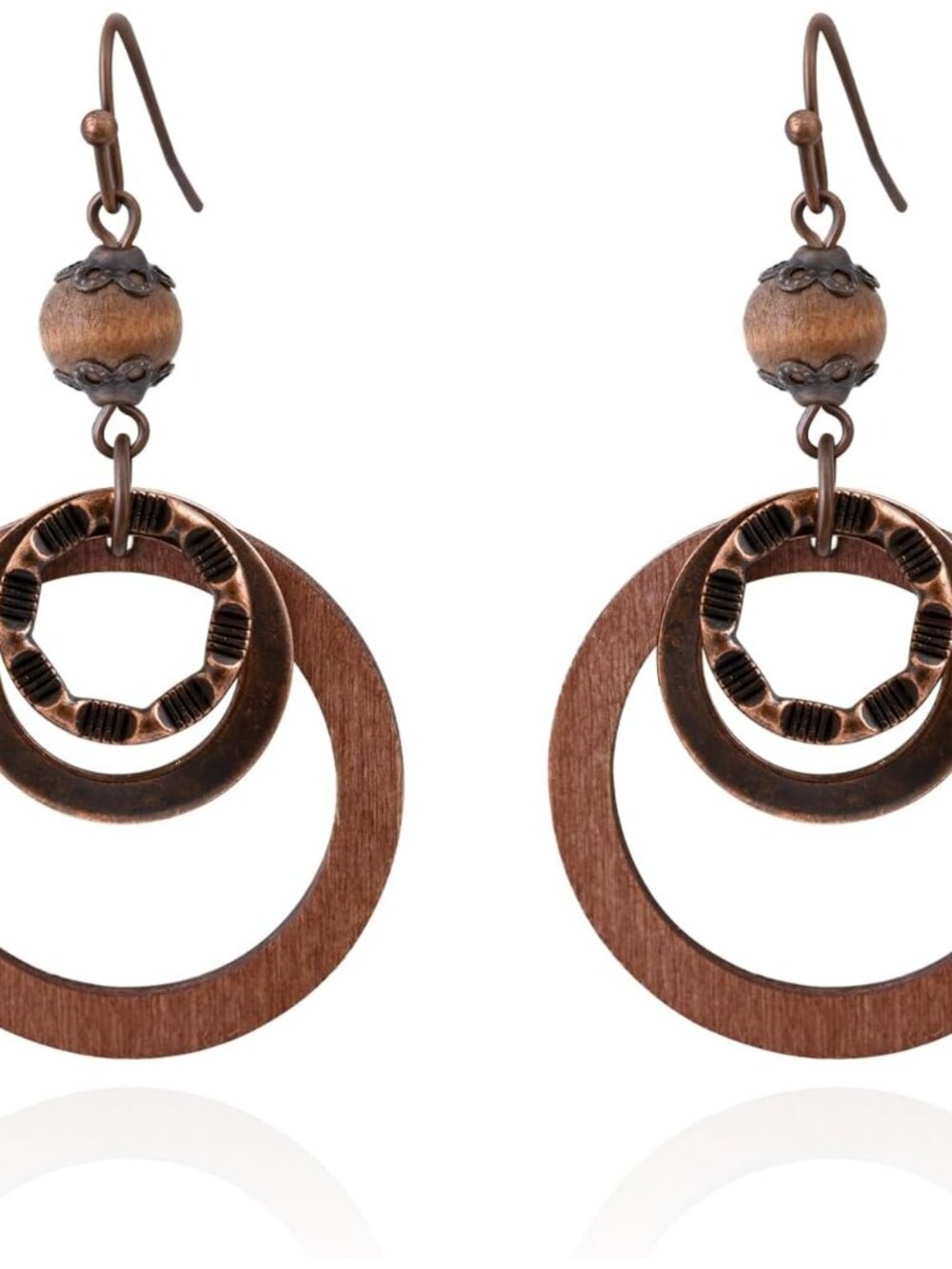 Boho Wooden Earrings For Women With Copper And Wood Circle Dangle Lightweight Ge